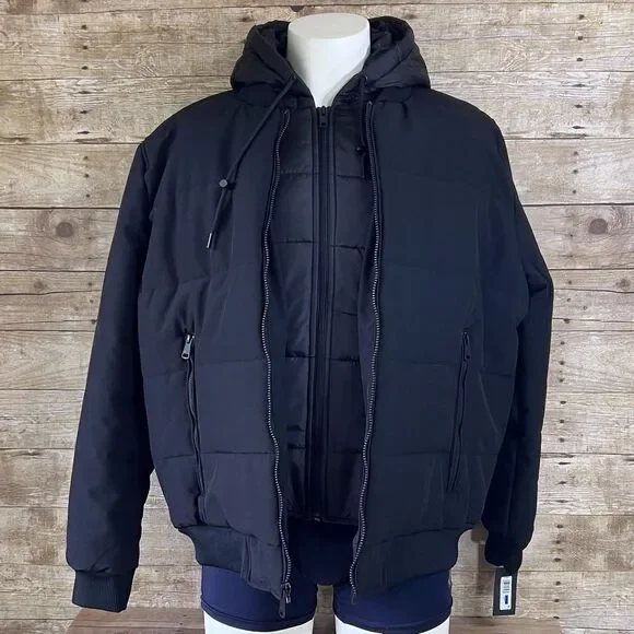 Kenneth Cole Mens Hooded‎ Puffer Jacket Black Double Zip Bib Bomber Coat KC NEW